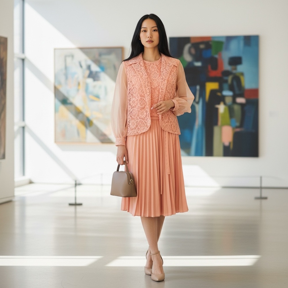 Vintage Peach Lace Dress w/Lace Vest